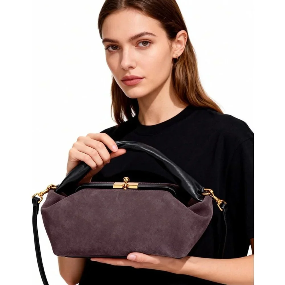 Women's Chocolate Faux Suede Vintage Slouchy Soft Satchel Kiss Lock Hobo Handbag